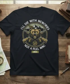 Black t-shirt with "I'll Die With Memories Not A Full Mag 1945" text, featuring a bear, eagle, rifles, and compass