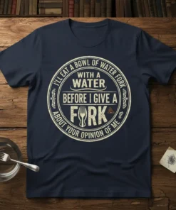Navy t-shirt with "I'll Eat A Bowl Of Water Fork With A Water Before I Give A Fork About Your
