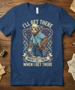 Sloth mail carrier wearing a hat and carrying a mailbag with the quote "I'll Get There When I Get There