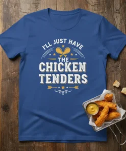 T-shirt with the text "I'll Just Have The Chicken Tenders" in bold white and yellow font, featuring chicken drumstick graphics