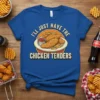 I'll Just Have The Chicken Tenders quote with illustration of chicken tenders and fries on a blue t-shirt