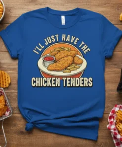 I'll Just Have The Chicken Tenders quote with illustration of chicken tenders and fries on a blue t-shirt