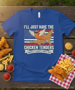 Blue t-shirt with "I'll Just Have The Chicken Tenders America's Favorite Finger Food" text and a winged chicken tender graphic