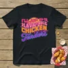 I'll Just He-Te Have The Chicken Tenders quote in colorful retro typography on a black t-shirt