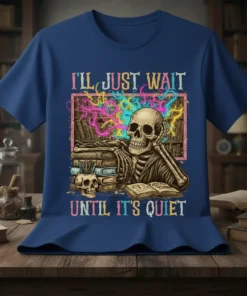 Skeleton reading a book with the quote "I'll Just Wait Until It's Quiet" on a navy t-shirt