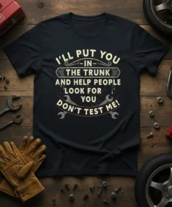 Black t-shirt with white and orange text that says "I'LL PUT YOU IN THE TRUNK AND HELP PEOPLE LOOK FOR