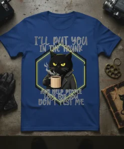 Black cat in a suit holding a coffee mug with text "I'll put you in the trunk and help people