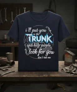 Dark blue t-shirt with white text quote "i'll put you in the TRUNK and help people look for you don't