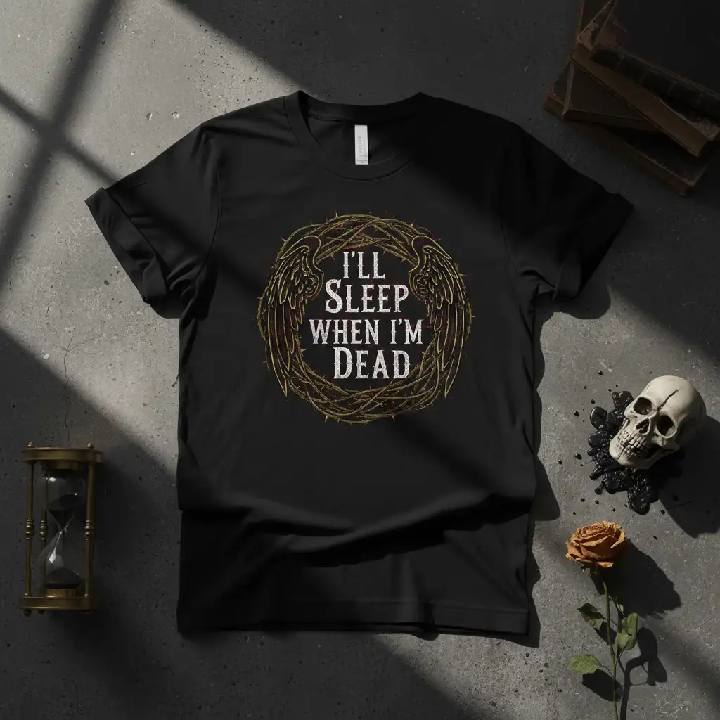 I'll Sleep When I'm Dead quote t-shirt with thorny wreath and wings design