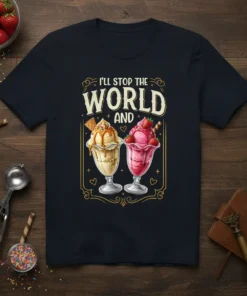 I'll Stop The World And Ice Cream T-Shirt featuring two delicious ice cream sundaes in vintage glasses