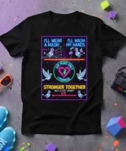 T-shirt design with neon text "I'll Wear A Mask!", "I'll Wash My Hands", "Air Hugs Only I Promise", and "Stronger