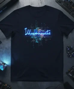 Dark t-shirt with the word "Illuminate" in glowing neon blue over a complex digital circuit board graphic