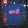 ILUMI Naughty neon text and lighthouse graphic on a dark blue t-shirt, trendy design