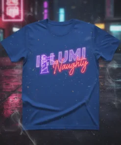 ILUMI Naughty neon text and lighthouse graphic on a dark blue t-shirt, trendy design