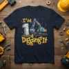 T-shirt with "I'M 1 & Digging It" text and a cartoon excavator graphic, celebrating a first birthday with a construction