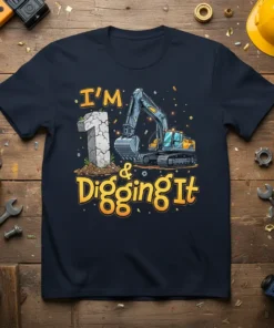 T-shirt with "I'M 1 & Digging It" text and a cartoon excavator graphic, celebrating a first birthday with a construction