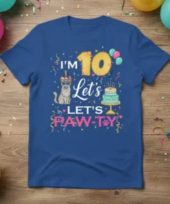 I'm 10 Let's LET'S PAW-TY birthday t-shirt design with a cat and cake