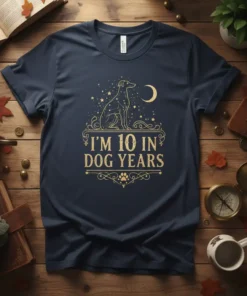I'm 10 in Dog Years t-shirt with a sitting dog silhouette, stars, and moon graphic