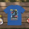 Blue t-shirt with "I'm 2" design featuring a road shaped like the number two with various vehicles like cars, trains