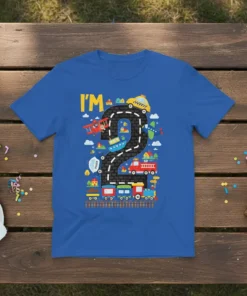 Blue t-shirt with "I'm 2" design featuring a road shaped like the number two with various vehicles like cars, trains