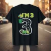 I'm 3 birthday t-shirt design featuring a green garbage truck, trash bin, balloons, and confetti