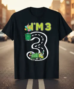 I'm 3 birthday t-shirt design featuring a green garbage truck, trash bin, balloons, and confetti