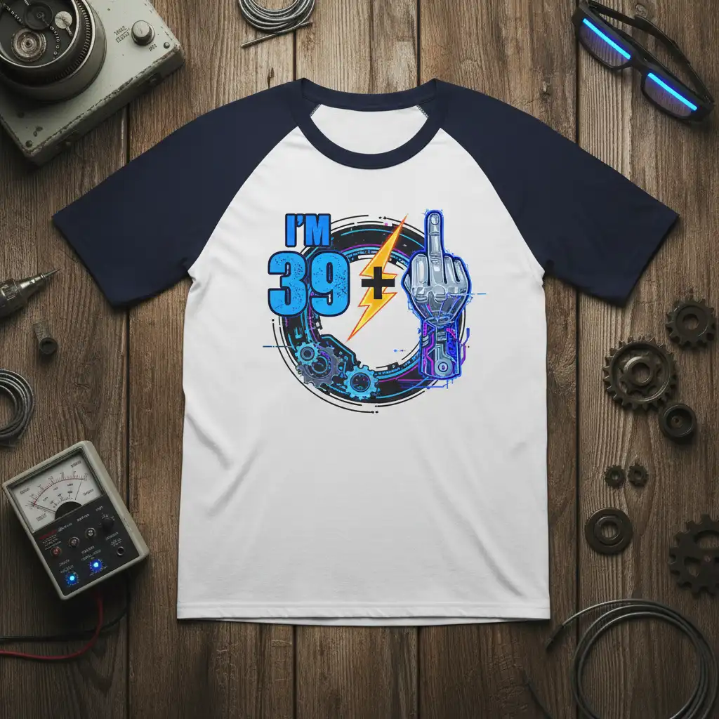 I'm 39+ birthday quote design with a robotic middle finger and industrial gears graphic