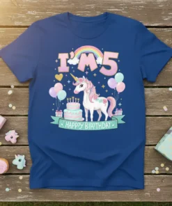 I'm 5 Happy Birthday unicorn t-shirt design with rainbow, cake, and balloons, perfect for a 5th birthday celebration
