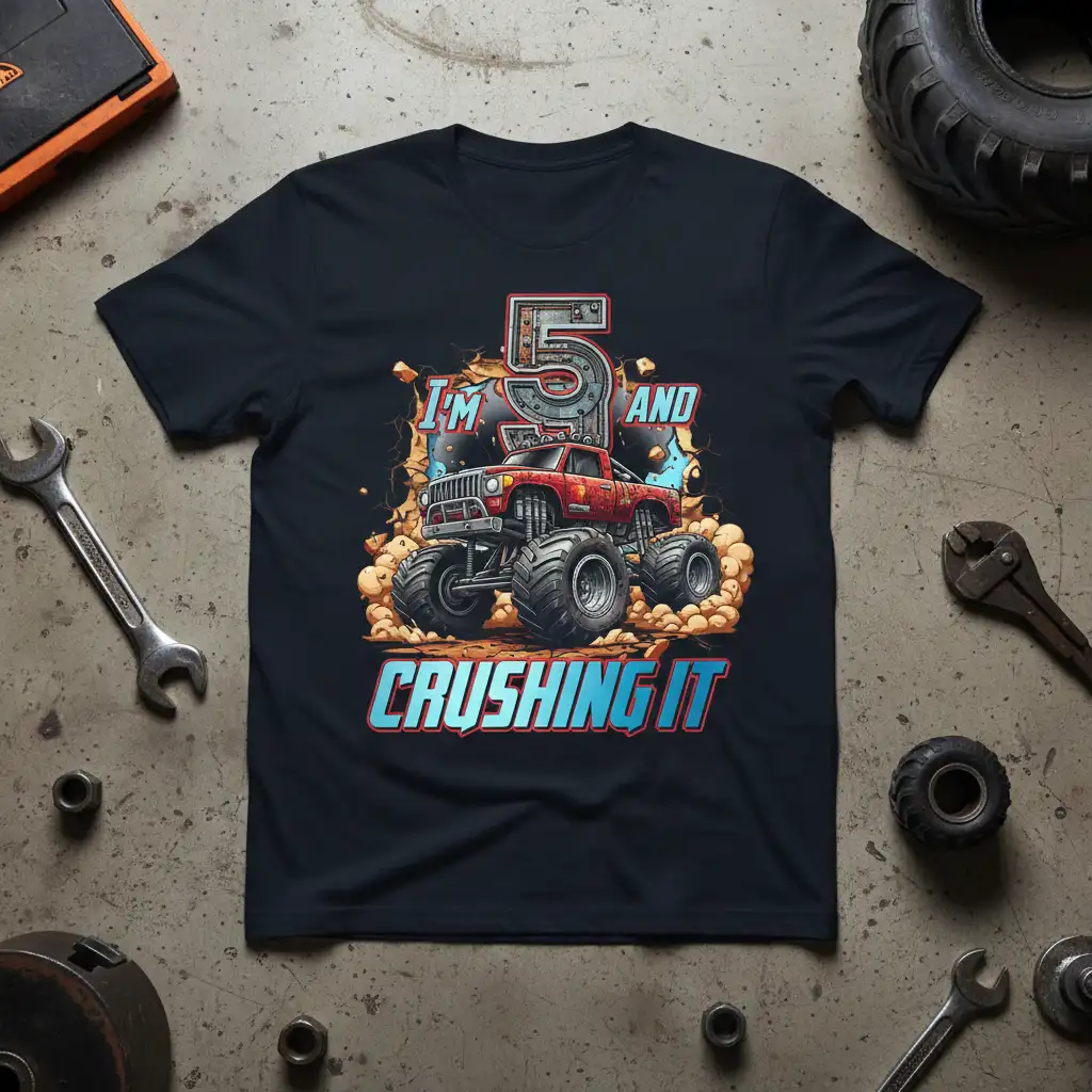 I'm 5 and Crushing It birthday boy t-shirt with red monster truck and bold text