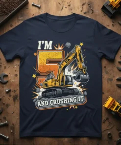 I'm 5 And Crushing It excavator birthday t-shirt design with bold orange '5' and yellow construction vehicle