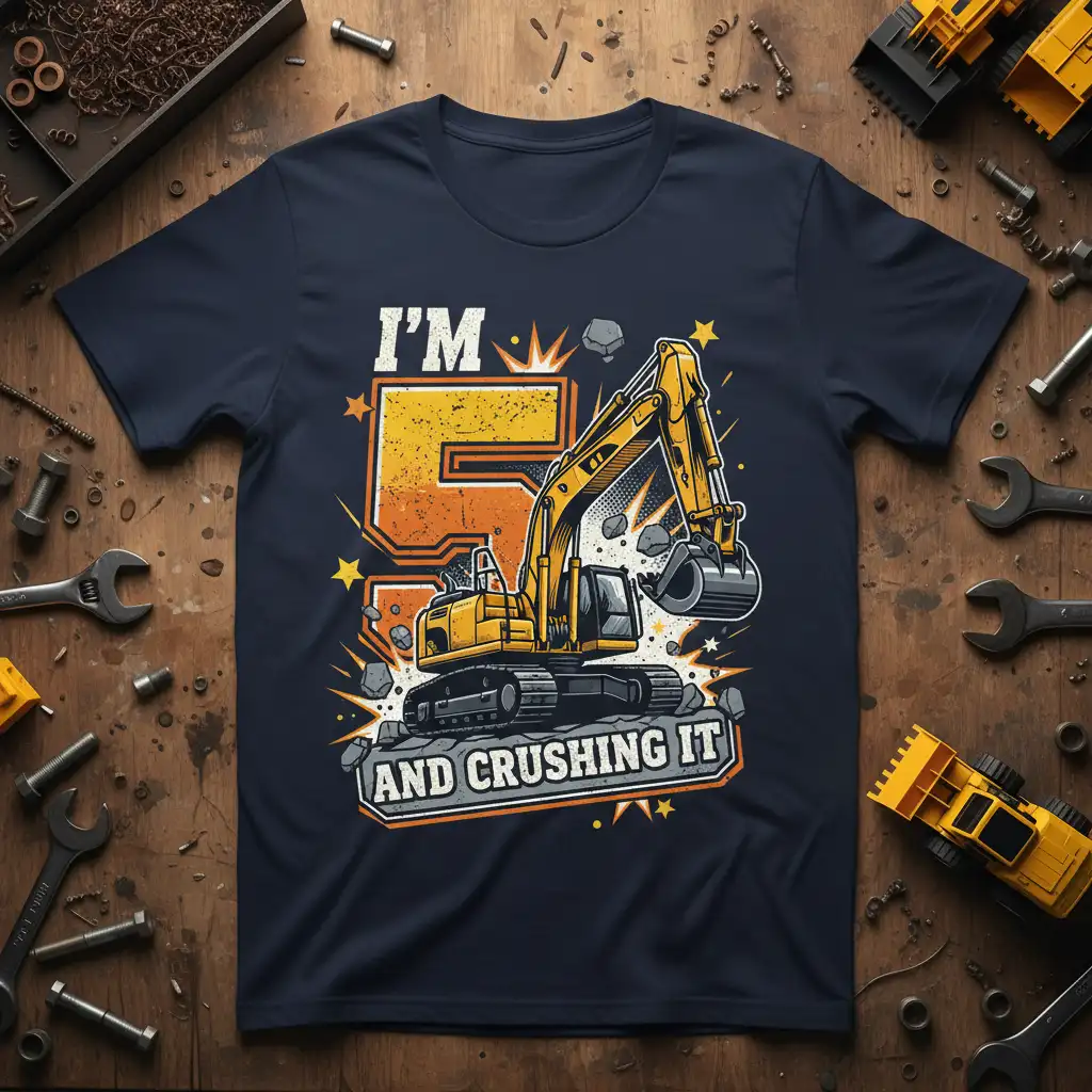 I'm 5 And Crushing It bold typography with a yellow excavator on a dark blue t-shirt for a 5th birthday celebration
