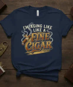 I'm Aging Like Like A Fine Cigar text with a smoking cigar graphic on a navy t-shirt