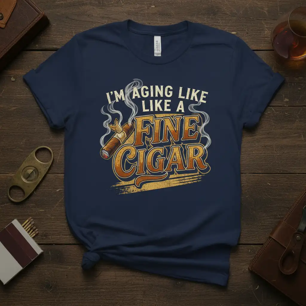 I'm Aging Like Like A Fine Cigar quote with smoking cigar graphic on a navy blue tee