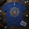I'm All In poker phrase with dice, cards, and gems on a blue t-shirt design
