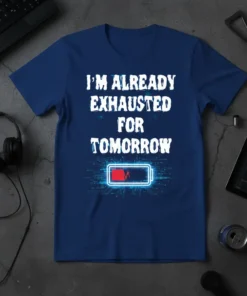 I'm Already Exhausted For Tomorrow quote t-shirt with a low battery graphic and circuit board design
