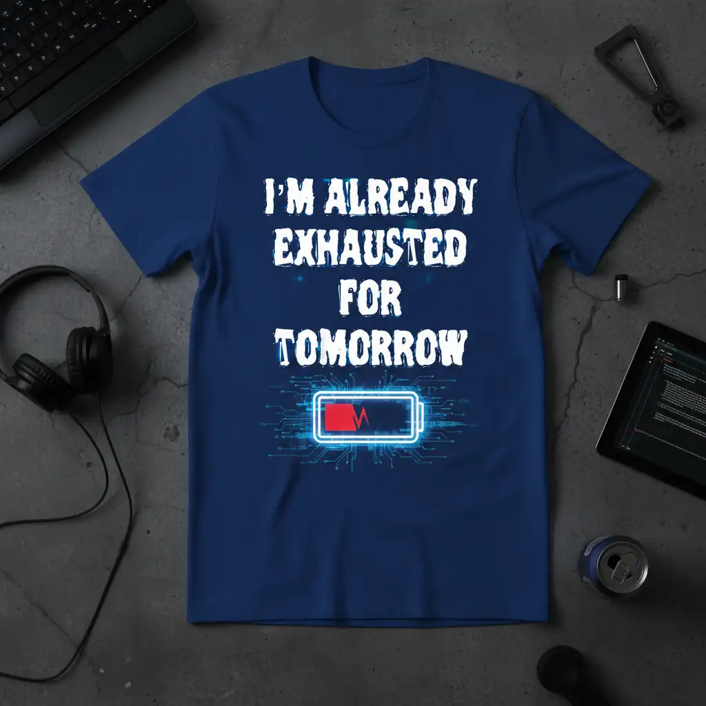 I'm Already Exhausted For Tomorrow quote and low battery symbol on a dark blue t-shirt