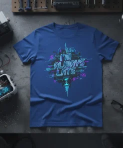 I'm Always Late quote in neon digital font on a blue t-shirt, featuring an hourglass graphic and tech elements