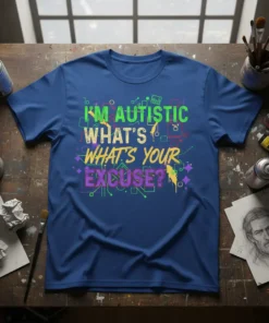 T-shirt with "I'M AUTISTIC WHAT'S WHAT'S YOUR EXCUSE?" text in vibrant, colorful typography. Features abstract geometric graphics and a distressed