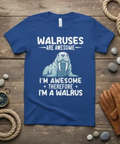 I'm Awesome Therefore I'm a Walrus quote on a blue t-shirt with a walrus illustration