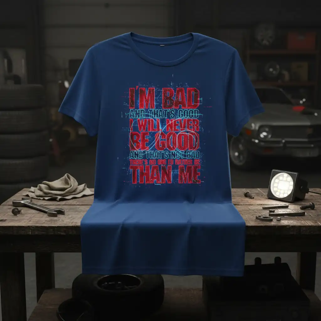 I'm Bad And That's Good quote t-shirt with glitch text effect, perfect for a confident individual