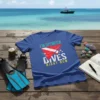Blue t-shirt with "I'm Between Dives Right Now" text and red and white dive flag graphic, symbolizing scuba diving