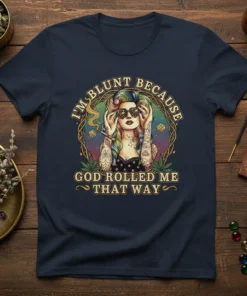 T-shirt with the text "I'm Blunt Because God Rolled Me That Way" featuring a woman smoking with colorful hair and