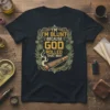 I'm Blunt Because God Rolled That Way quote on a black t-shirt with cannabis leaf and hop graphics surrounding a