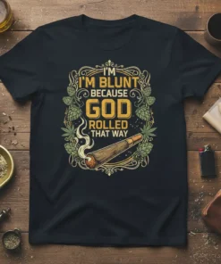 I'm Blunt Because God Rolled That Way quote on a black t-shirt with cannabis leaf and hop graphics surrounding a