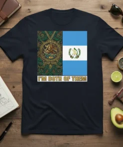 I'm Both Of Them t-shirt design featuring split graphic of Mexican eagle emblem and Guatemalan flag, with text below