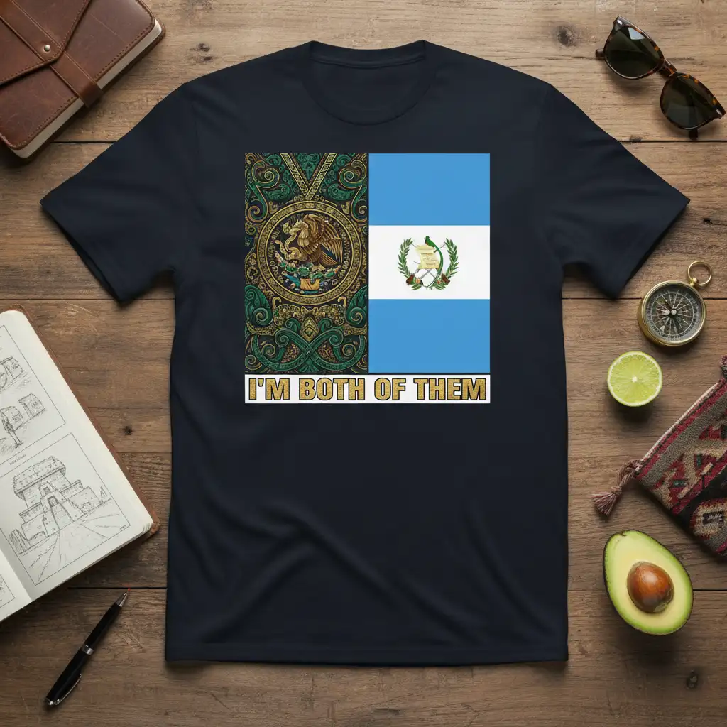 I'm Both Of Them quote t-shirt featuring a split design of Mexico's national emblem and Guatemala's flag