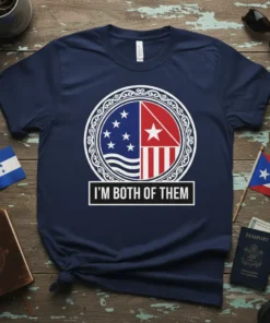 T-shirt with "I'm Both Of Them" text and a circular emblem split between Honduran and Puerto Rican flag elements