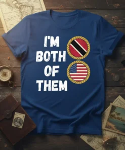 T-shirt with white text "I'M BOTH OF THEM" and circular Trinidad and Tobago flag above USA flag