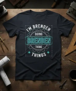 I'm Brenden Doing Brenden Thing Things text design with gear graphics on a dark t-shirt