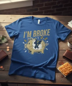 I'm Broke t-shirt with a gold distressed font and a cracked piggy bank design spilling coins and dollar signs